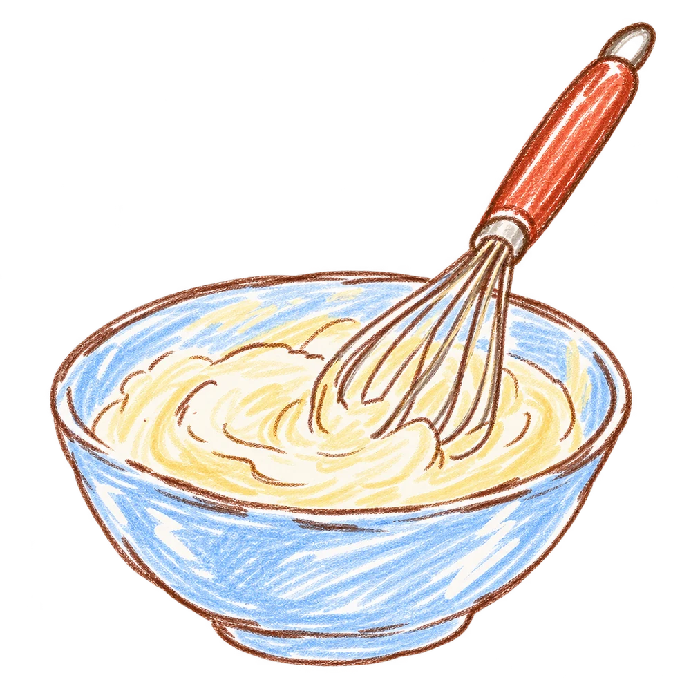 A blue mixing bowl and whisk