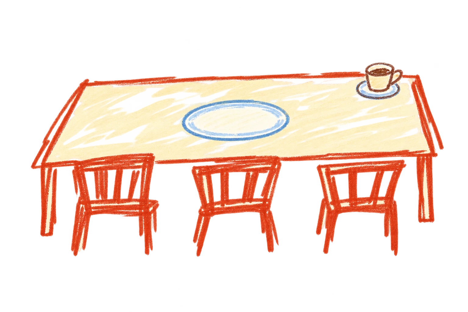 A loosely sketched terracotta table and chairs, set with an empty blue-rimmed plate and a cup of coffee